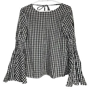 English Factory Black and White Bell Sleeve Smocked Blouse size M